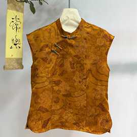 南油夏季高奢桑蚕丝红云纱一字扣马甲