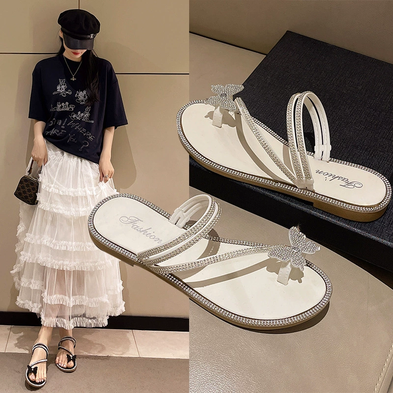 французские сандалии на плоской подошве для женщин, летняя верхняя одежда 2025, новый весенний стиль с красивыми юбками и пляжные сандалии со стразами