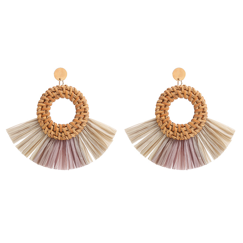 raffia Material 1 Pair Retro Round Sector Raffia Rattan Drop Earrings
