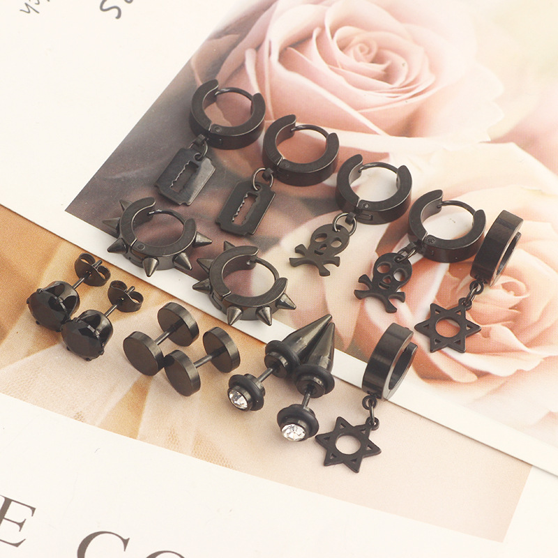 Daily Occasion Stainless Steel Material Punk Round Stainless Steel Inlay Zircon Earrings 1 Set