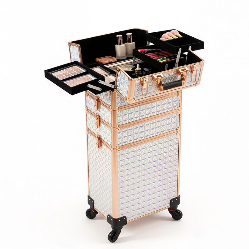 Caja de maquillaje de varilla de tracción con rodillos de almacenamiento móviles para maquillaje multicapa portátil de manicura, peluquería, caja de herramientas de bordado