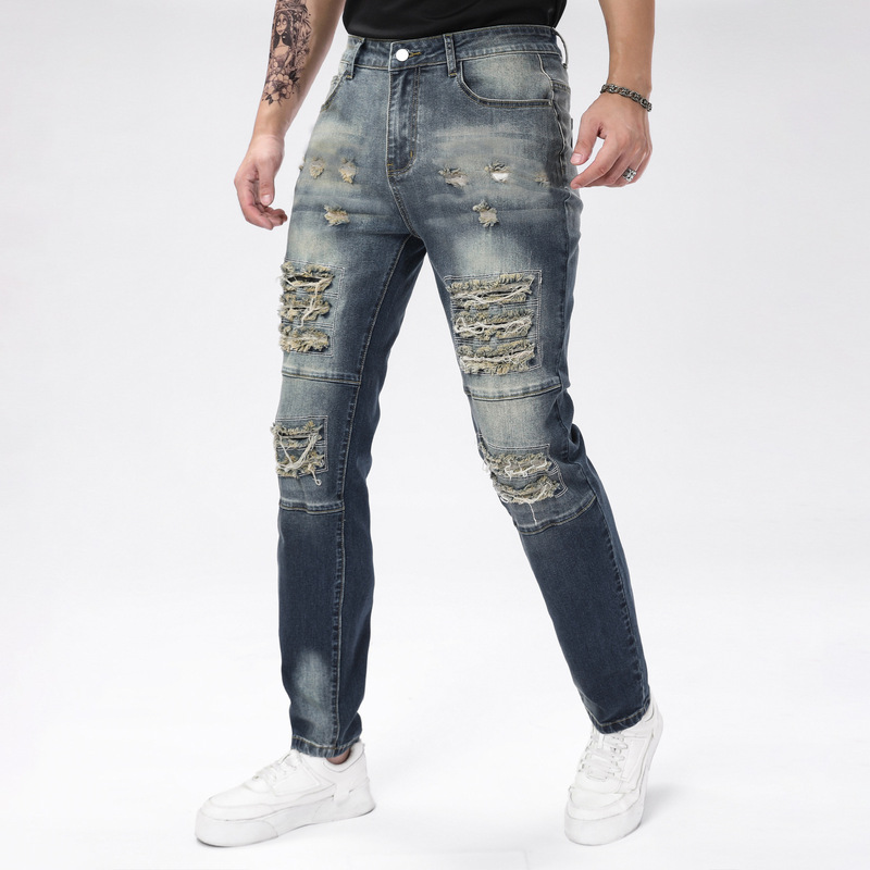 Aliexpress Men's Jeans, Stretchy Slim-Fit Pants with Multiple Holes, Slimming Dark Blue Distressed Men's Trousers Aliexpress Men's Jeans, Stretchy Slim-Fit Pants with Multiple Holes, Slimming Dark Blue Distressed Men's Trousers