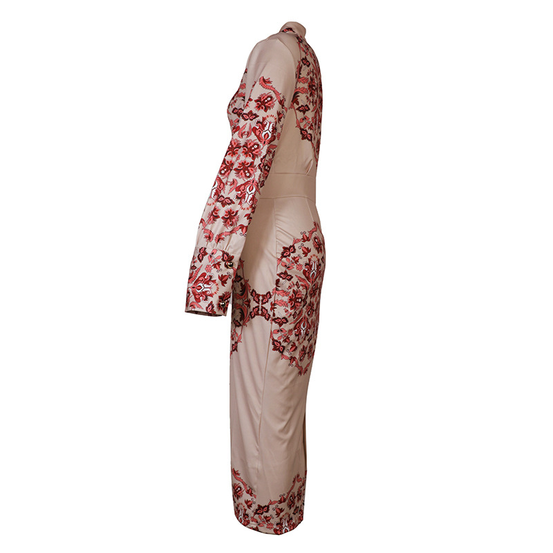 Women's Printed Stand Collar Dress With Long Sleeves For Women_voghion.com