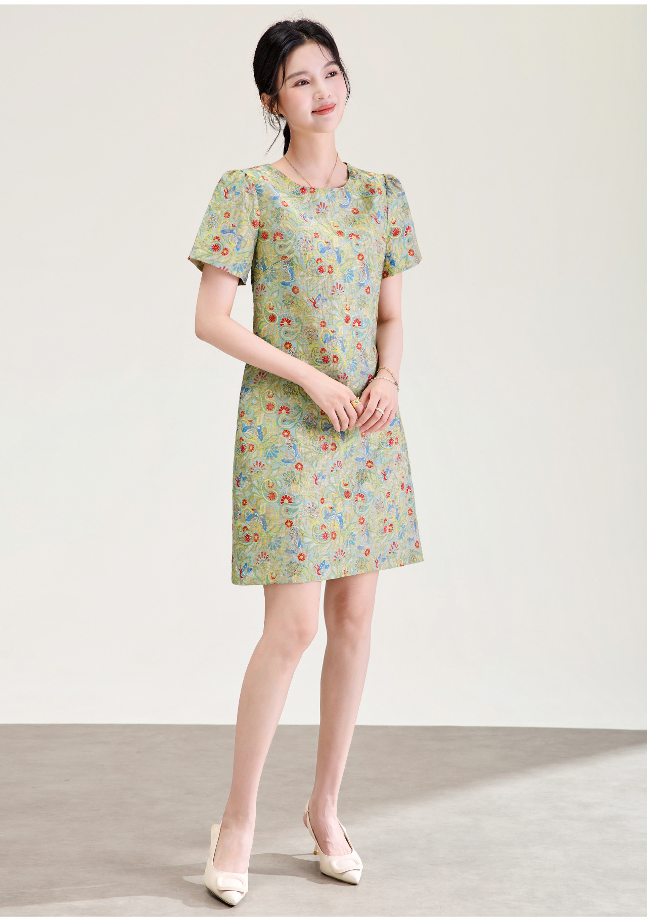Váy maxi nữ thắt eo dáng suông họa tiết jacquard pha len — xanh lá cây chi tiết 4