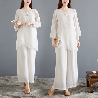 实拍 禅舞服装女套装中国风禅意仙女飘逸白色茶服禅服大码两件套