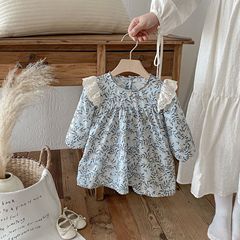 子供の秋の新しい子供服スカート女の赤ちゃんレースレトロ長袖プリント 1-8 歳の女の子のドレス