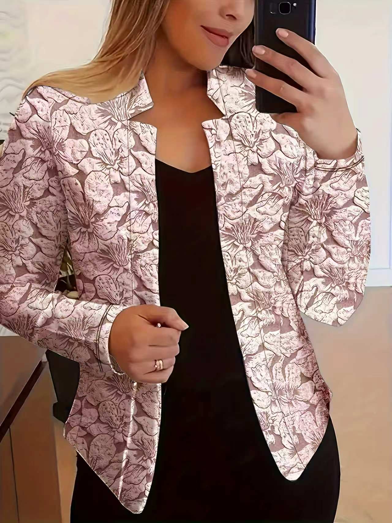 Retro Print Blazer for Women Casual Long Sleeved Open Front Office And Workplace Suitable Blazer_ecoleips.com