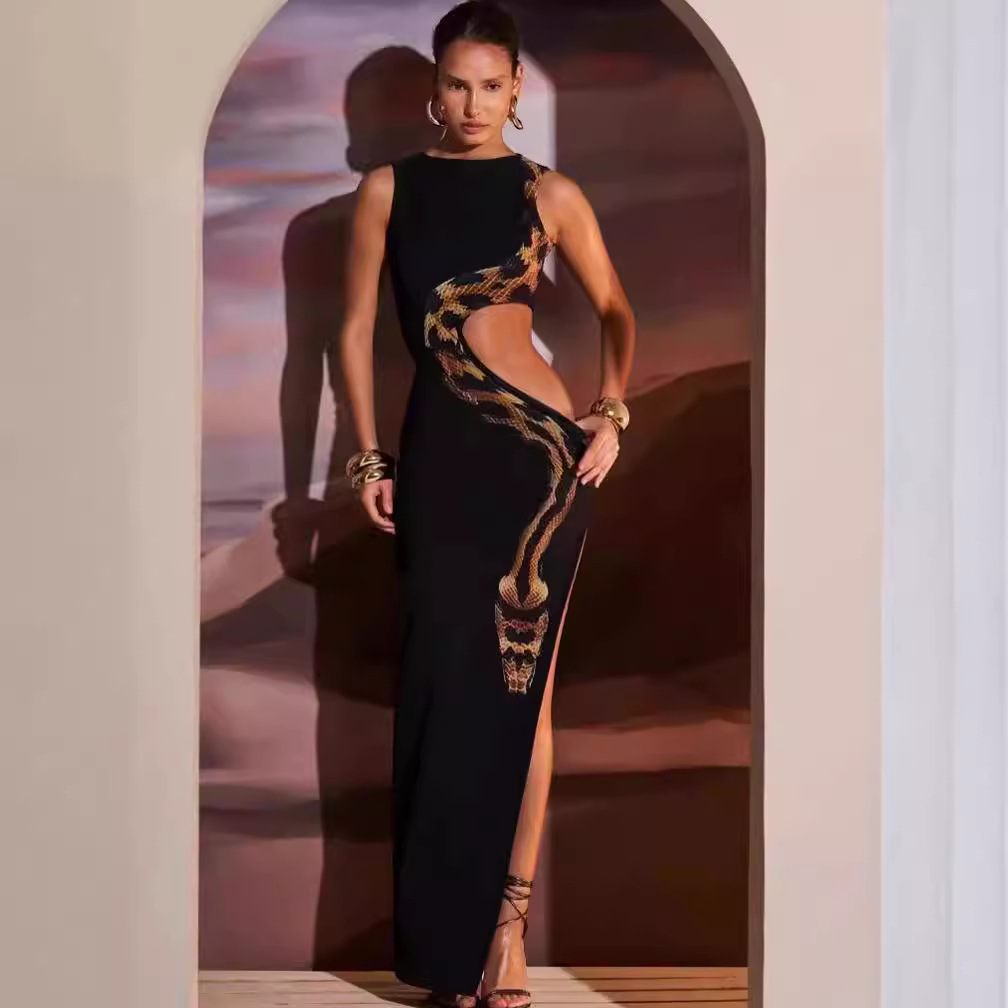 Women's Clothing Summer Women's Animal Print Dress Style Side Waist Hollow Out Slim Fit Long Skirt With Slit_ecoleips.com