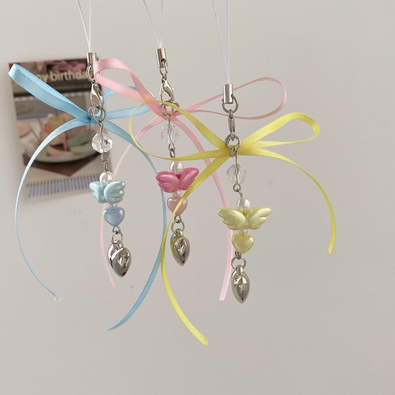 Angel Ribbon, Beautiful Bow, Angel Wings, Silver Heart Phone Chain, Girly Aesthetic, Sweet Ins Style Angel Ribbon, Beautiful Bow, Angel Wings, Silver Heart Phone Chain, Girly Aesthetic, Sweet Ins Style