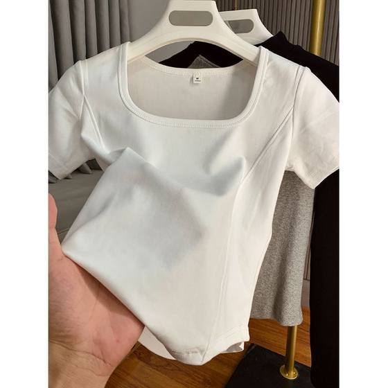 Square Collar Shoulder Short-Sleeved T-Shirt Women's Summer Curved Hem Slim-Fit Slimming Short Fish Bone Spice Girls Base Shirt Top