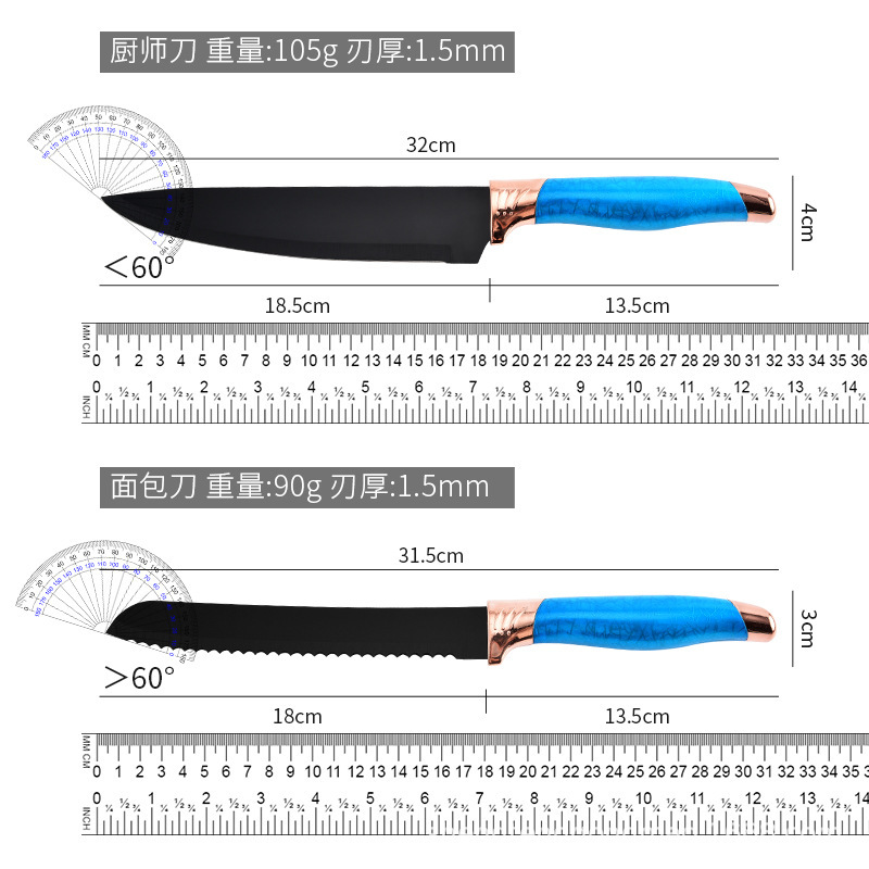 Venta caliente transfronteriza acero inoxidable doble cabezal de galvanoplastia caja de tapa cuchillo juego de 6 piezas de utensilios de cocina cuchillo de chef juego de cuchillo de fruta