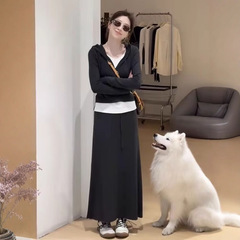 高端韩系早秋穿搭撞色假两件长袖上衣高腰半身裙两件套女25新款套