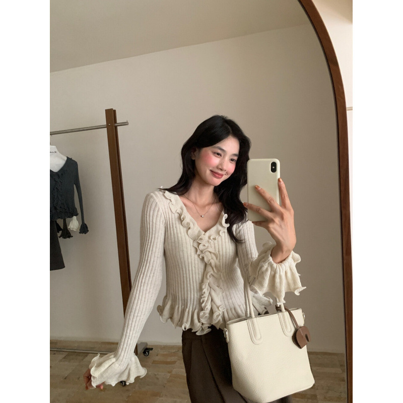 木耳边拼接长袖恤女秋冬修身显瘦纯色体恤喇叭袖针织坑条领上衣|undefined