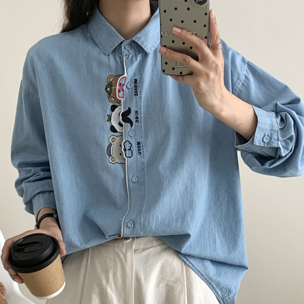 2025 Autumn New Japanese Style Fresh Sweet Lapel Wavy Edge Embroidered Versatile Washed Denim Long-Sleeve Shirt