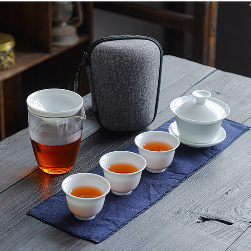 Dehua White Porcelain Travel Teapot Set with Three Cups and Lid, Outdoor Portable Simple Carry Bag with Custom Logo