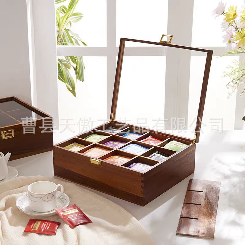 Tea Bag Coffee Bag Wooden Collection Box Transparent Cover Watch Jewelry Display Box Simple Desktop Sundry Storage Box