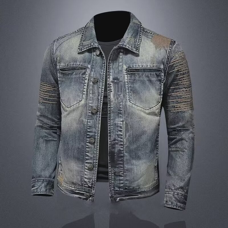 Giacca da uomo slim fit in denim vintage, stile europeo, primavera autunno, di tendenza, casual e con ricami, dal design vintage._voghion.com