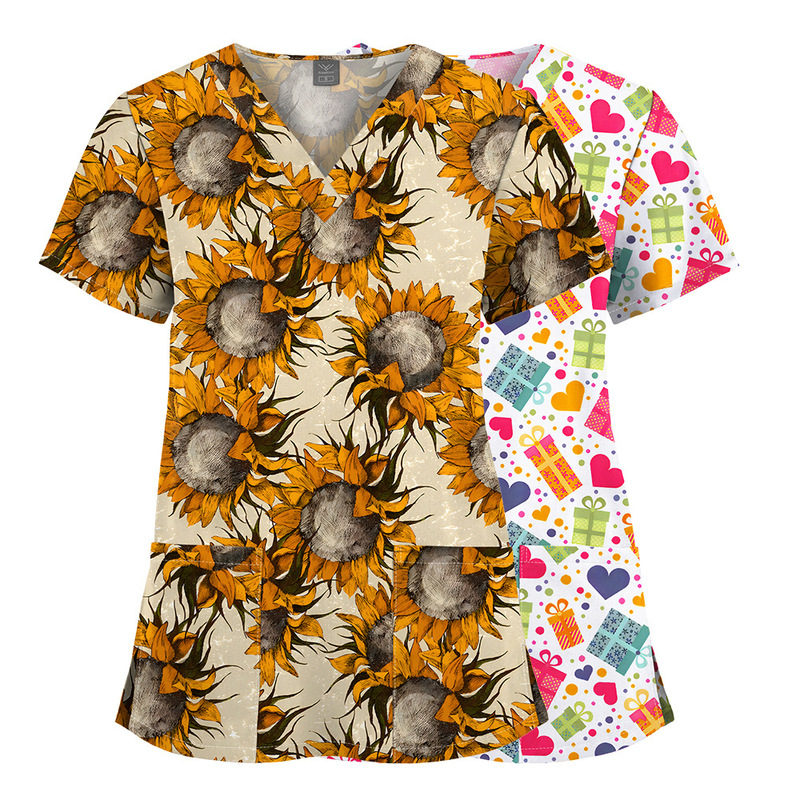 Quick-drying printed T-shirt short-sleeved V-neck dental oral washing clothes beauty salon pet hospital doctor nurse work clothes