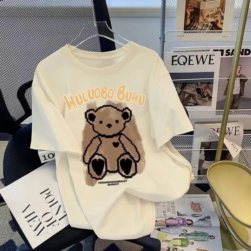 Little Bear Pure Cotton Short Sleeve T-Shirt for Women 2024 Summer New Loose American Retro Cartoon Print Junior High School Student T-Shirt for Women