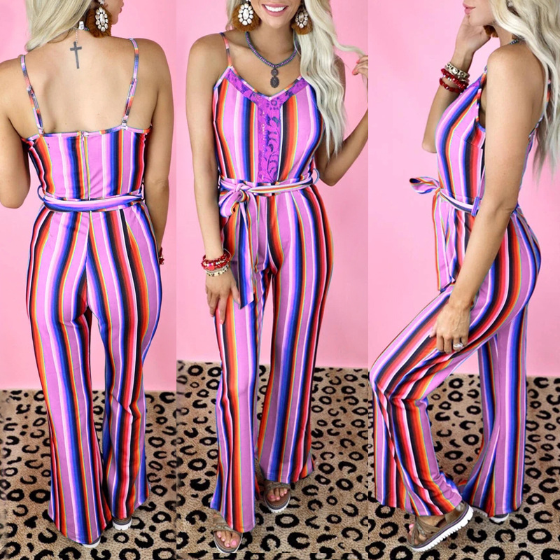 color stripe printing halter high waist lace-up jumpsuit nihaostyles clothing wholesale NSZH80671