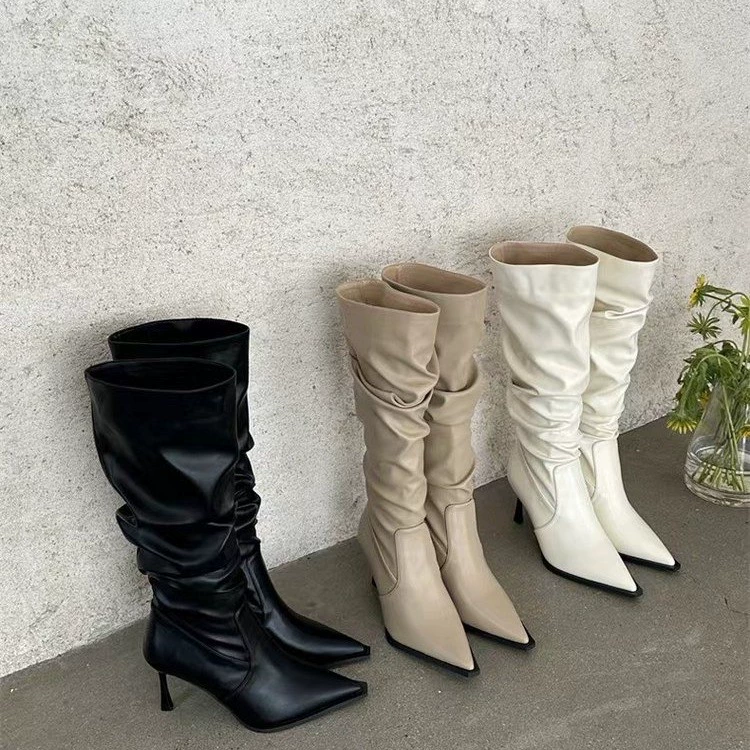 White high boots pointy toe high heels, fitted
