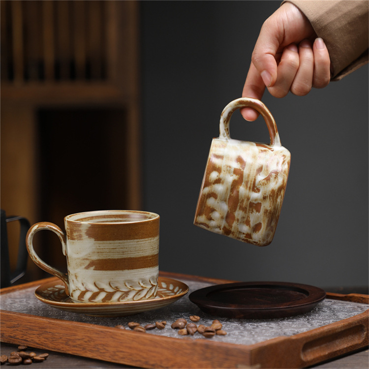 Ceramic Coffee Cup Set Wabi-sabi Style Japanese Embossed Ceramic_voghion.com