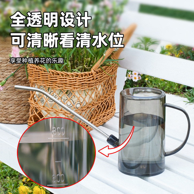 Botella de riego de boca larga de acero inoxidable, botella de riego doméstica, herramienta de jardinería de escala transparente de maceta de plantación verde