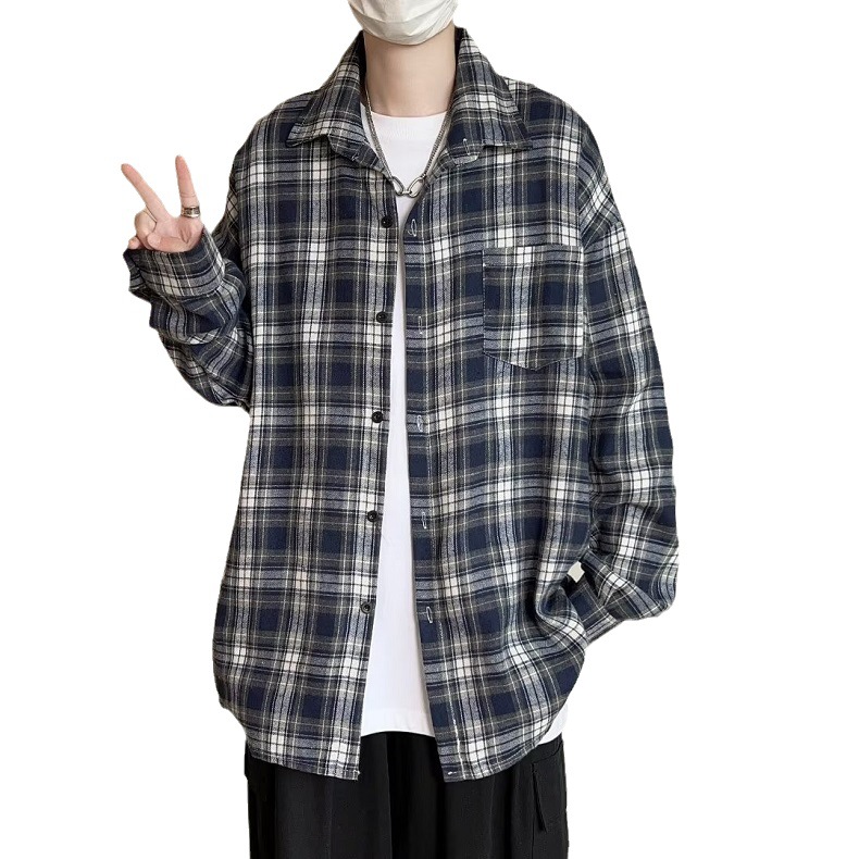 Camisa a cuadros japonesa de manga larga para hombres otoño nueva moda versátil juvenil casual ropa de trabajo suelta camisa chaqueta