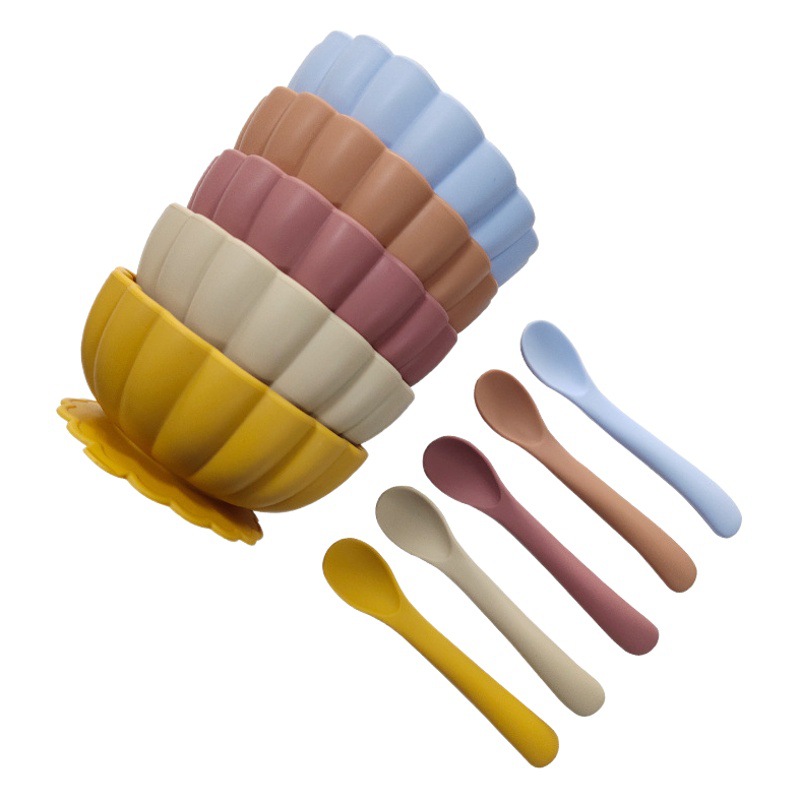 Cuenco de suplemento alimenticio de silicona cuenco de calabaza cuchara de silicona redondo para niños vajilla de entrenamiento de alimentación resistente a las caídas cuenco de silicona para niños