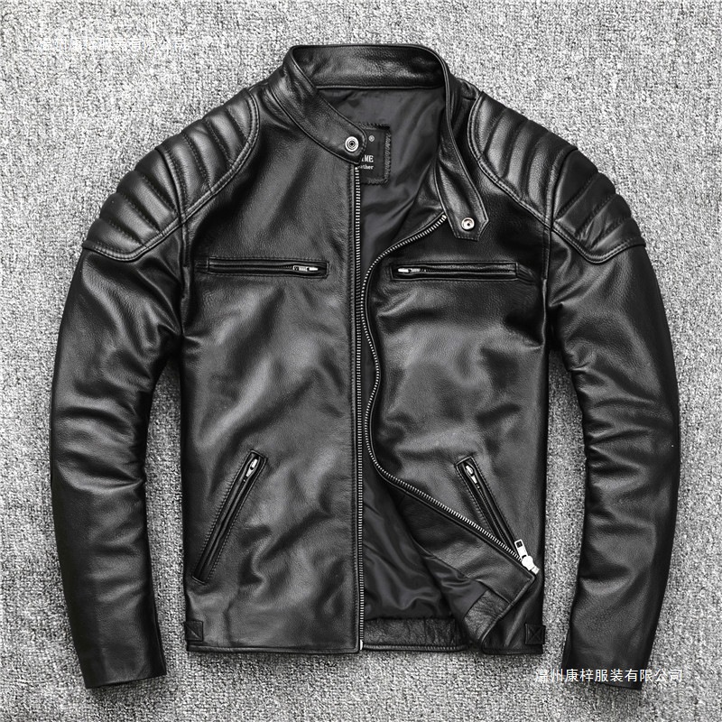 新款捡漏 重磅头层牛皮 皮衣男机车服立领青年春秋皮夹克