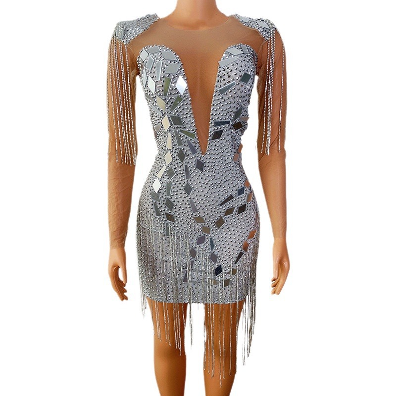 Fábrica de ropa brillante cristal borla sequined sexy vestido las mujeres del club nocturno partido caliente sexo baile Falda corta