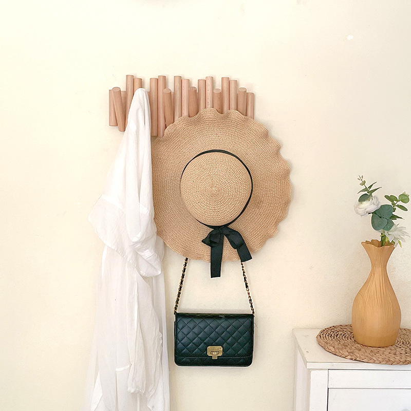 North European Solid Wood Hook, No-Drill, Traceless Design &ndash; Strong Adhesive Door Back Wall Folding Clothes Rack with Creative Row Hooks