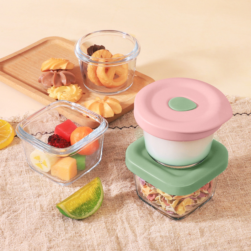 Children's Supplementary Food Box Baby's Supplementary Food Bowl Storage Box Fresh-keeping Frozen Cooking Glass Bowl with Silicone Cover Portable and Sealed