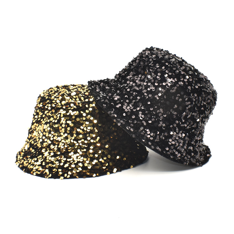 136g Weight Bucket Hat Hats Type Unisex Shiny Solid Color Leopard Sequins Flat Eaves Bucket Hat
