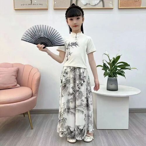 Girls '2026 new summer suit, middle-aged children's summer dress, national style, foreign style, Chinese style, short-sleeved two-piece set, trendy style