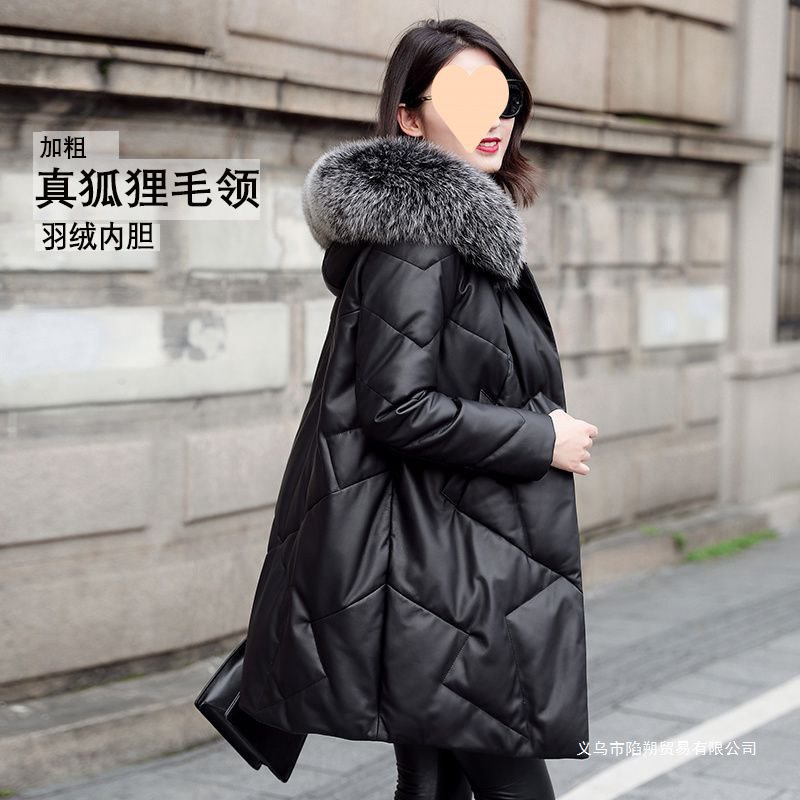 皮衣女羽绒真毛领冬季外套秋冬新款加厚皮风衣中长款