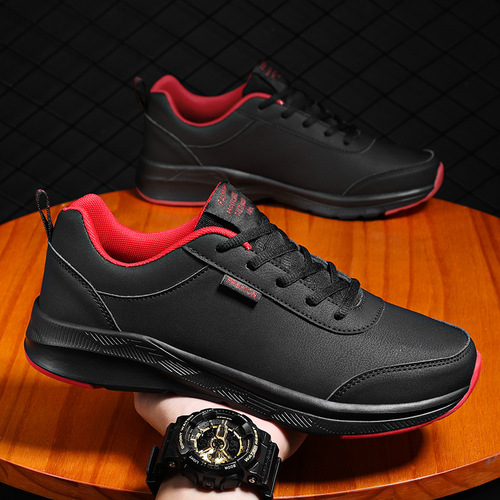 Men's Autumn Leather Surface Sports Shoes, Waterproof and Slip-Resistant Running Shoes for Men, Black Versatile Soft Sole Casual Shoes