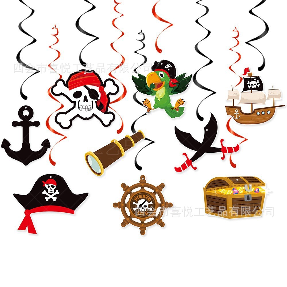 Halloween pirata tema fiesta de cumpleaños decoración traje cumpleaños bandera pirata espiral colgante pastel tarjeta inserción