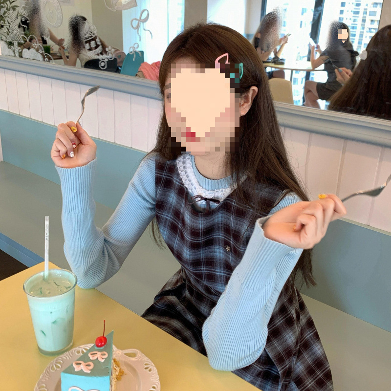 两件/套装甜美复古小个子格纹百褶背带连衣裙女+早秋针织长袖上衣|undefined