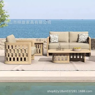 Outdoor Modern Simple Teak Rope Sofa Coffee Table Combination Outdoor Courtyard Balcony Viewing Rope Solid Wood Furniture