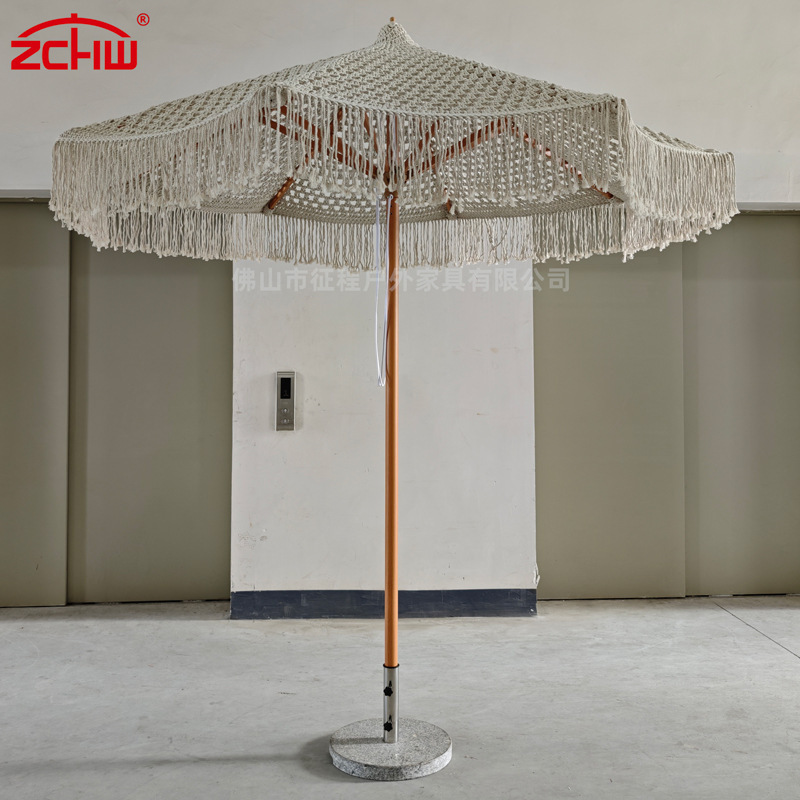 Outdoor Drawstring Umbrella with Handmade Rope Weaving, Hollowed-Out Design, Mesh Rope Tassels, Central Pole Umbrella, Decorative Sunshade Beach Umbrella