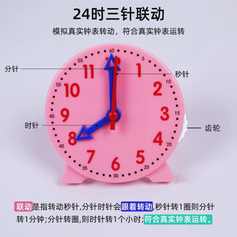Children's teaching educational clock model 24 o'clock three-hand linkage type clock dial learning device for first and second grade students