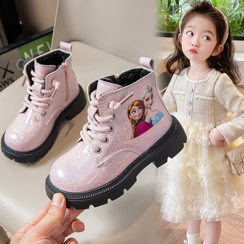 Girls' Autumn and Winter Fleece-Lined Martin Boots New 2026 Elsa Princess Boots Children's Leather Boots Baby Short Boots Non-Slip Soft Sole