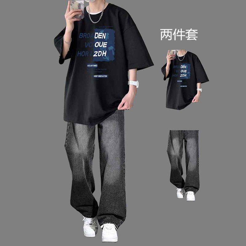 Short-sleeved T-shirt Men's Casual suit Summer Fashion Brand Set with Jeans Cool Handsome Fried Street Two-piece Men's Wear