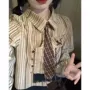 春秋条纹长袖美式纽扣