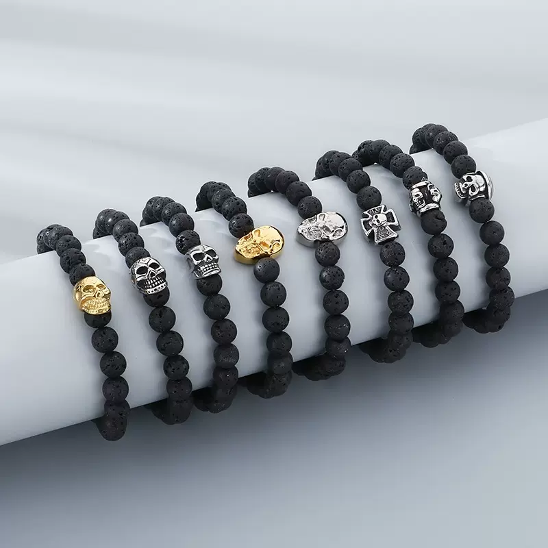 创意手工diy弹力手串欧美万圣节暗黑风骷髅头火山石串珠批发手链