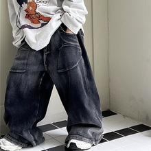 2025秋冬款儿童牛仔裤潮牌韩国童裤炭黑色加绒男童中大童牛仔长裤
