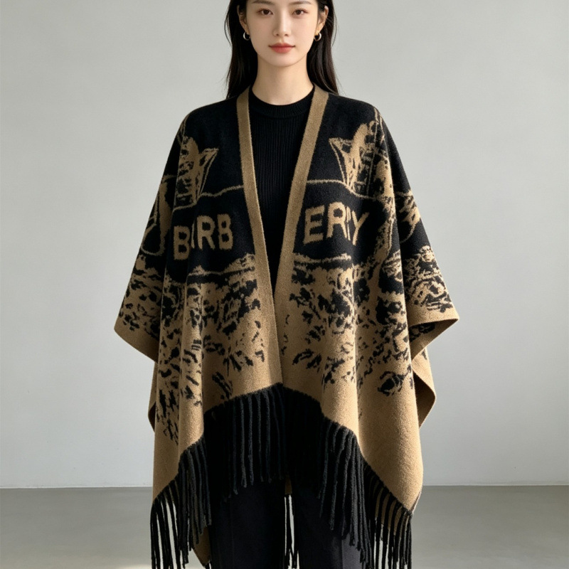 New letter-print faux cashmere cape, double-sided, Korean style, versatile, warm, stylish, thickened, autumn and winter shawl for women