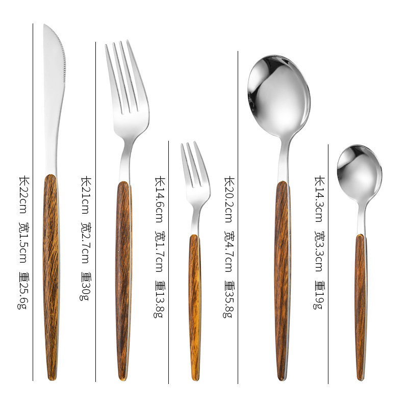 Cuchillo de acero inoxidable y tenedor cuchara Internet celebridad grano de madera cuchara portuguesa tenedor cuchillo de carne occidental y tenedor postre cuchara pequeña Tenedor de fruta al por mayor