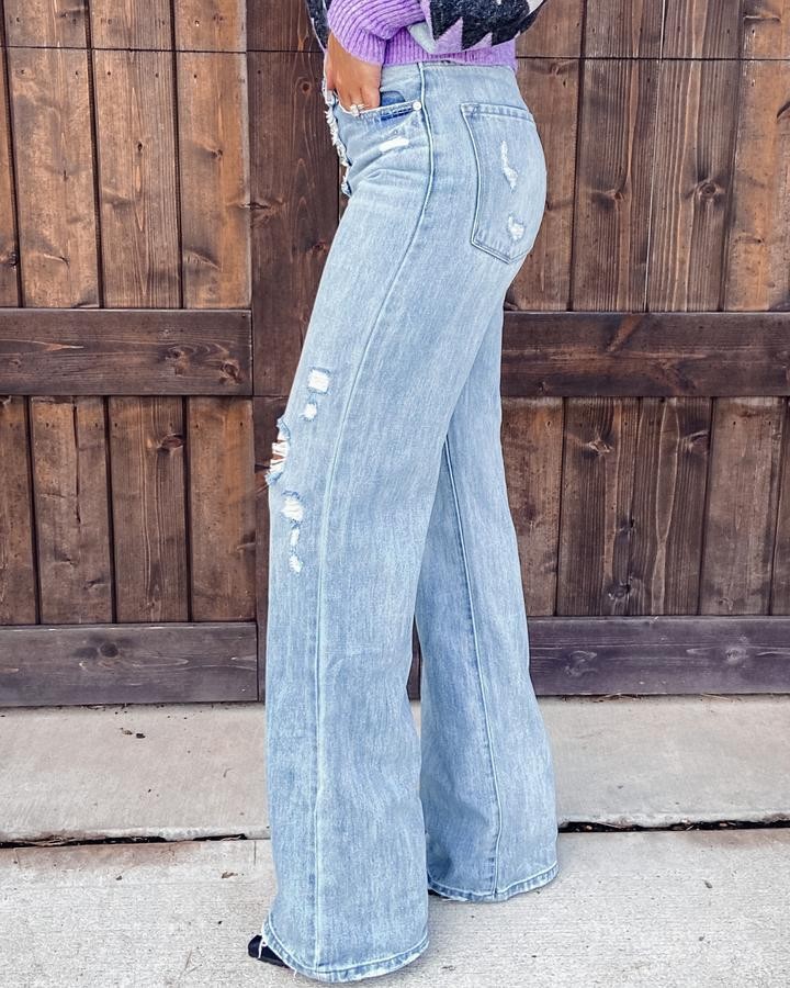 blue high-waist buttoned washed ripped jeans NSCXY121658